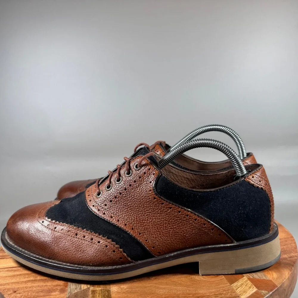Johnston & Murphy Mens Brown Pebble Leather Navy Suede Wingtip Oxfords Size 9M
